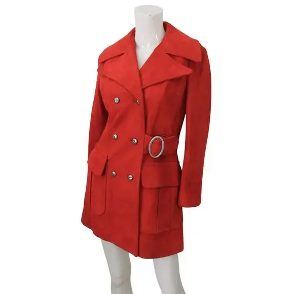 Vintage 1960's Joseph Magnin Red Suede Leather Mod Trench Coat Jacket Small